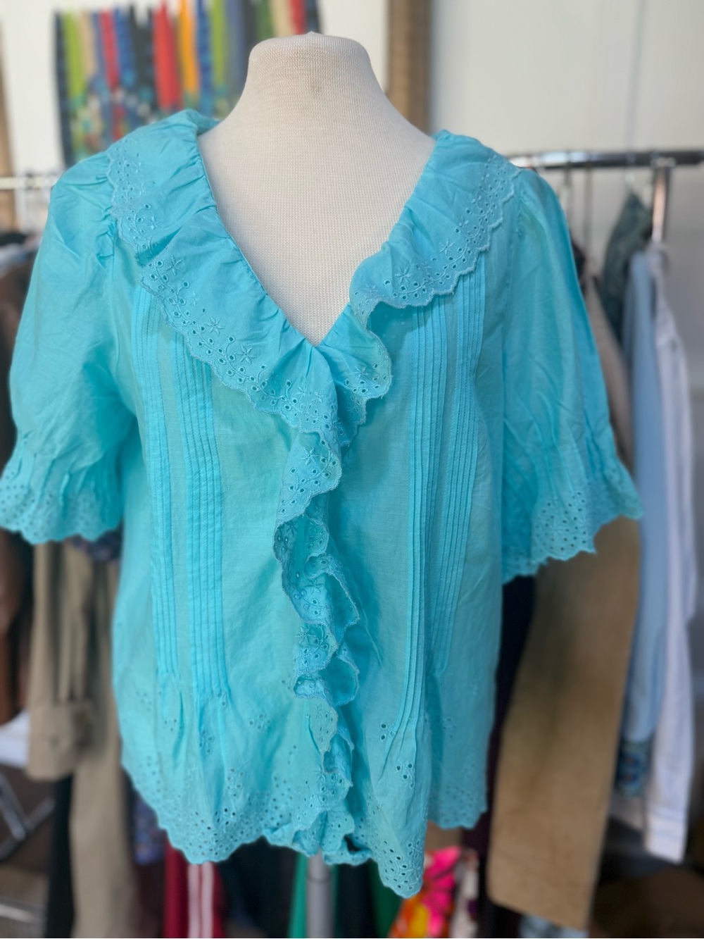 Talbots Turquoise Embroidered Eyelet Ruffle Top
